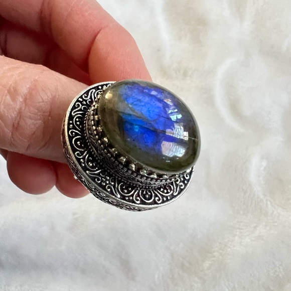 925 OMG INSANE! Blue Flash Labradorite Ornate High Profile Ring 7 - Picture 12 of 12